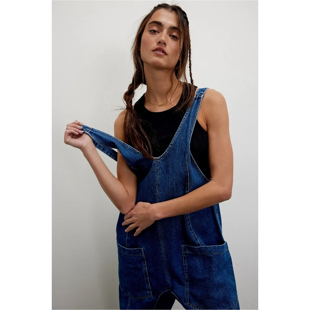 Free People Blue Denim V-Neck Utility Jumpsuit